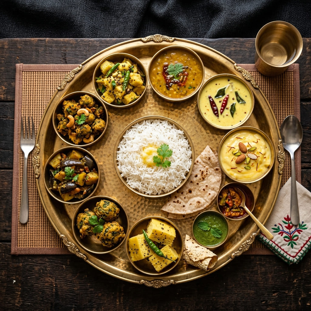 Authentic Indian thali with roti, dal, rice, sabji, raita and papad